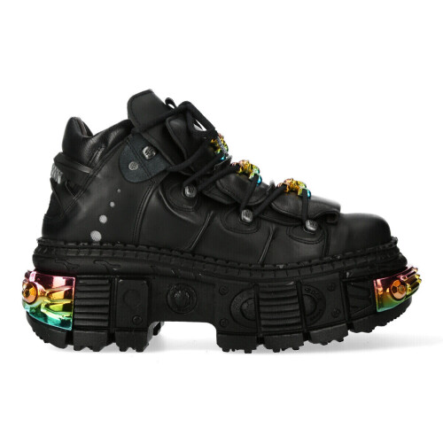 New Rock (44) NEW WALL106-S23 Unisex Metallic Black Leather Boot