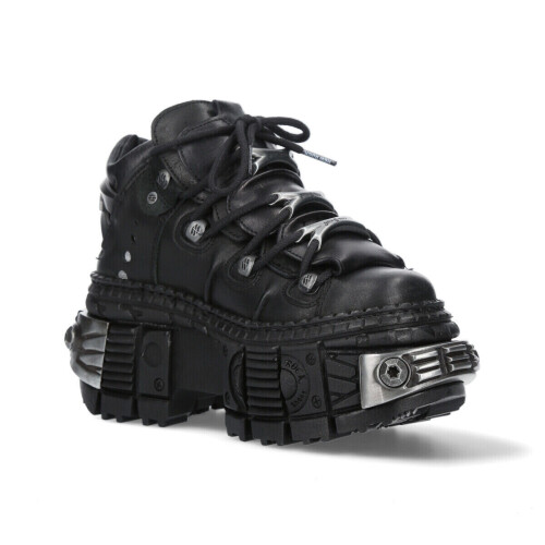 New Rock (43) NEW WALL106-S10 Unisex Metallic Black Leather Boot