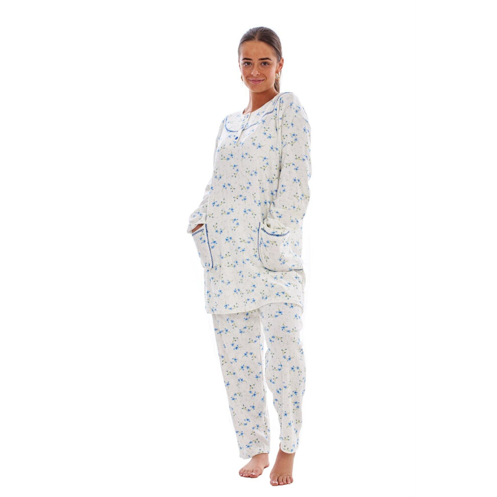 (Blue, XL) Malay Ladies Winter Pyjama Set Floral Long Sleeve Button Thermal Warm Soft Loungewear