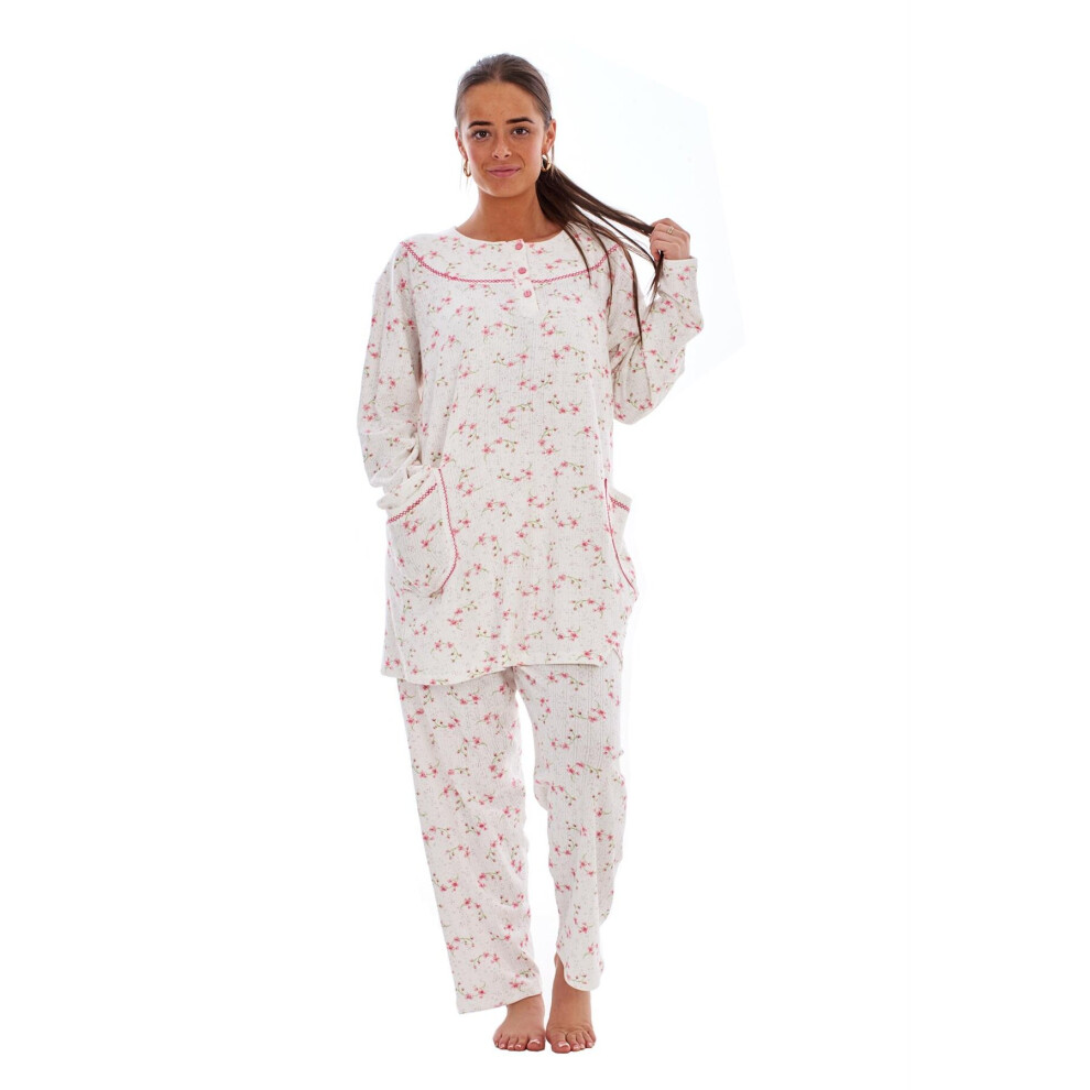 (Pink, XL) Malay Ladies Winter Pyjama Set Floral Long Sleeve Button Thermal Warm Soft Loungewear