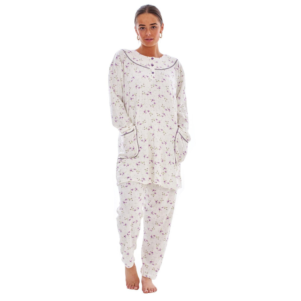 (Lilac, M) Malay Ladies Winter Pyjama Set Floral Long Sleeve Button Thermal Warm Soft Loungewear