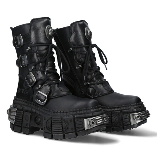 New Rock (46) NEW WALL373-S3 Unisex Metallic Black Leather Boots 1