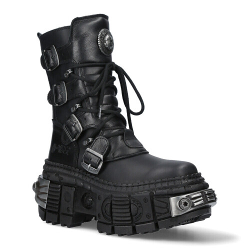 New Rock (46) NEW WALL373-S3 Unisex Metallic Black Leather Boots 2