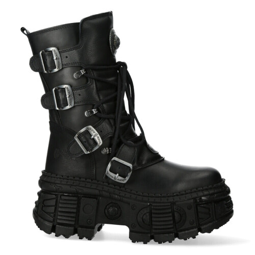 New Rock (38) NEW WALL373-S5 Unisex Metallic Black Leather Boots