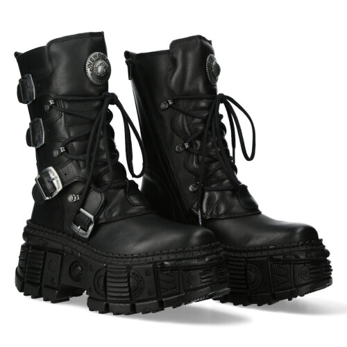 New Rock (38) NEW WALL373-S5 Unisex Metallic Black Leather Boots 1