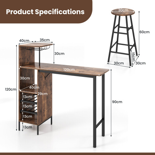 Casart 3PCS Bar Table Chairs Set Industrial Pub Table & Stools w/ Wine Racks 1