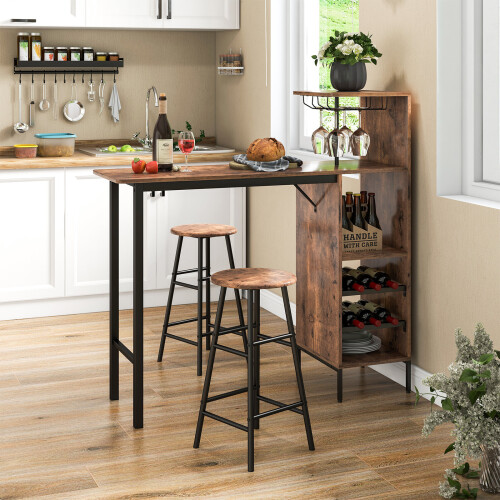 Casart 3PCS Bar Table Chairs Set Industrial Pub Table & Stools w/ Wine Racks