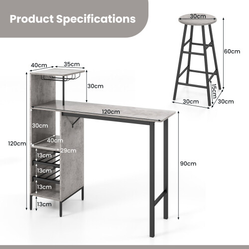 Casart 3PCS Bar Table Chairs Set Industrial Pub Table & Stools w/ Wine Racks 1