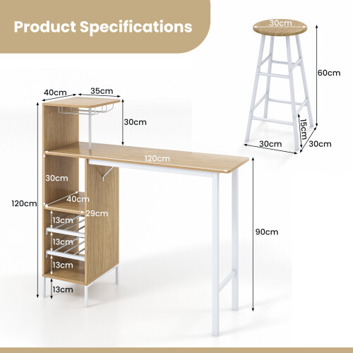 Casart 3PCS Bar Table Chairs Set Industrial Pub Table & Stools w/ Wine Racks 1