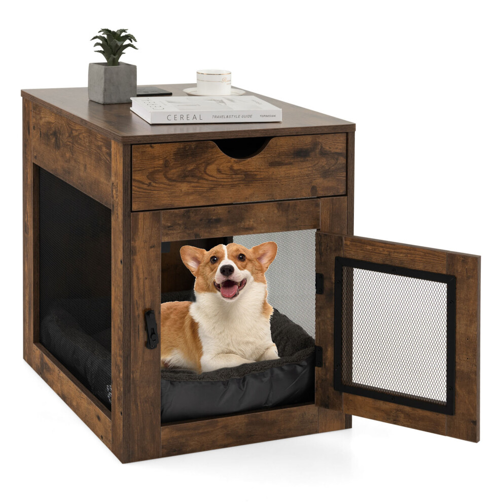 Dog Crate Decorative Dog Kennel Lockable Door Bedside Table w/ Drawer