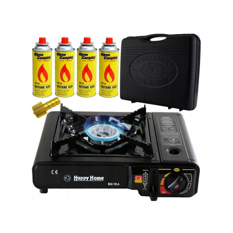 (Gas Stove + 4 Butane Cans) Butane Stove Portable Cooker in Carry Case 2 4 8 12 Gas Bottles Camping BBQ Kit