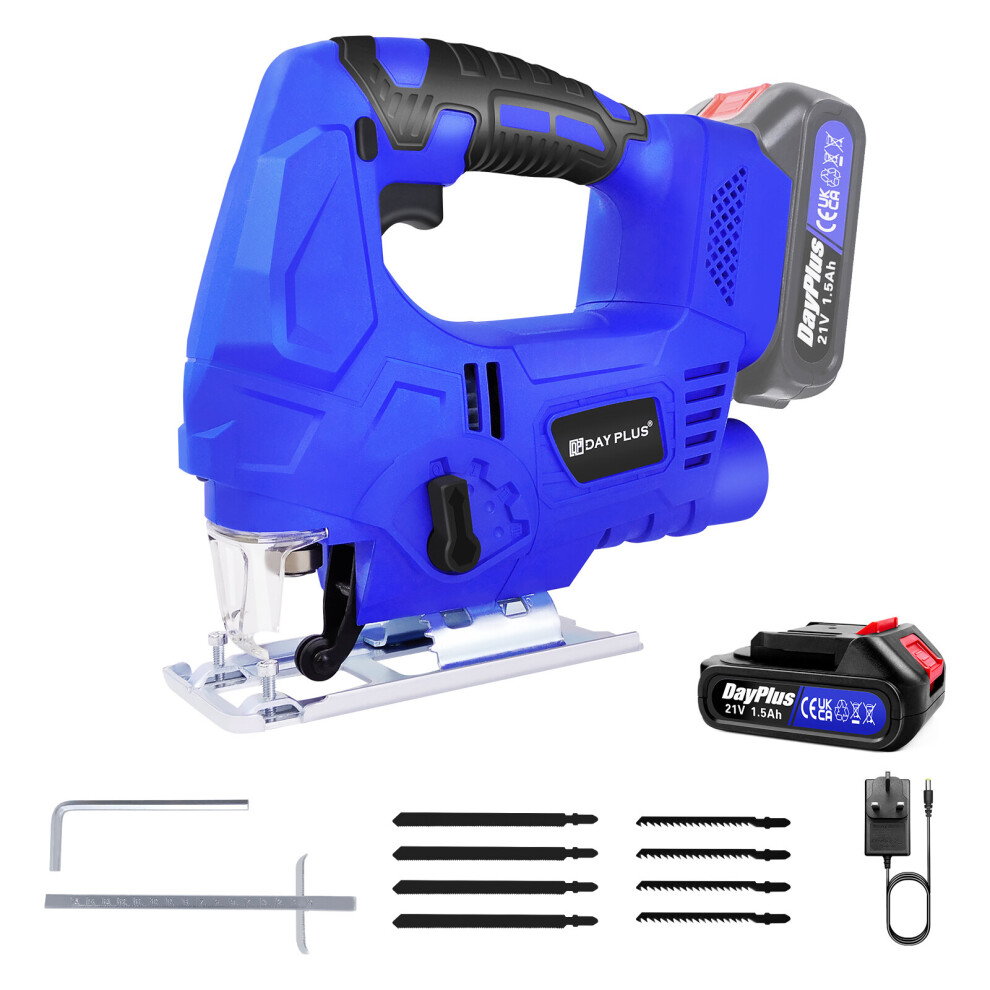 Cordless Jigsaw with 8pcs Blades 1.5Ah Battery 3000rpm 4 Stage Pendulum Action 45°Bevel Cutting 400W Jig Saw Cutting Depth 135mm for Wood Metal