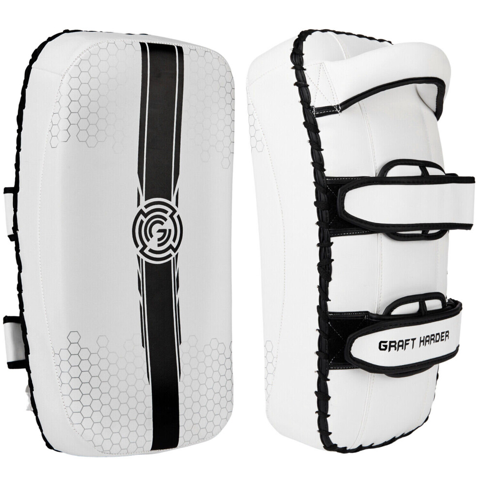 (White/Black, Pair) GRAFT MMA Thai Pads, Kick Shield, Strike Shield