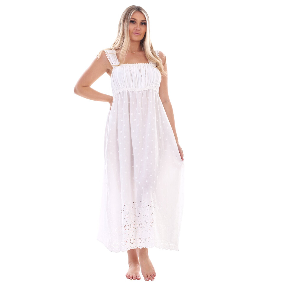 (XXL) Malay Women Pure Cotton Nightdress Victorian Style White Sleeveless Strap Embroidered