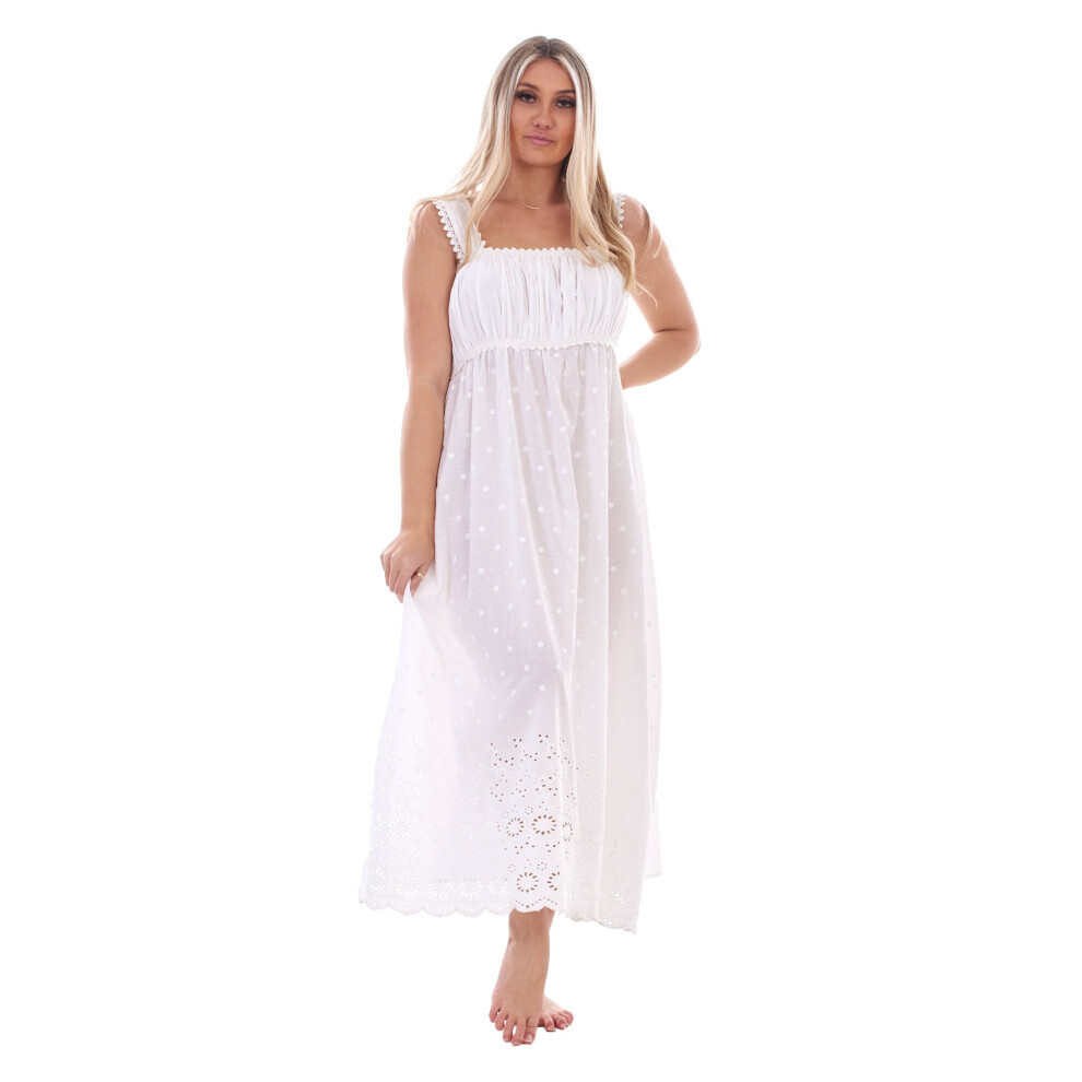 (M) Malay Women Pure Cotton Nightdress Victorian Style White Sleeveless Strap Embroidered