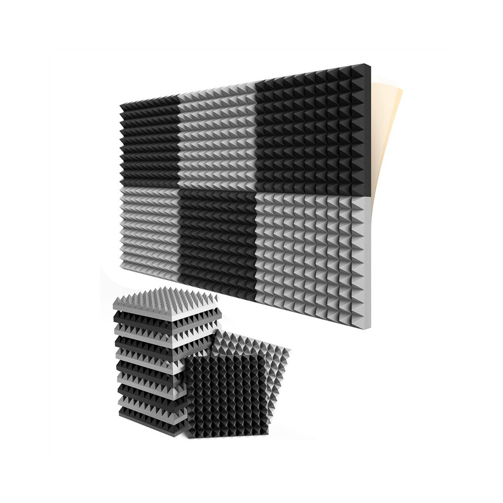 12 Pack Self-Adhesive Sound Proof Foam Panels 2x12x12 Inch Pyramid Design Acoustic Foam,for Home Studio,Black + Gray