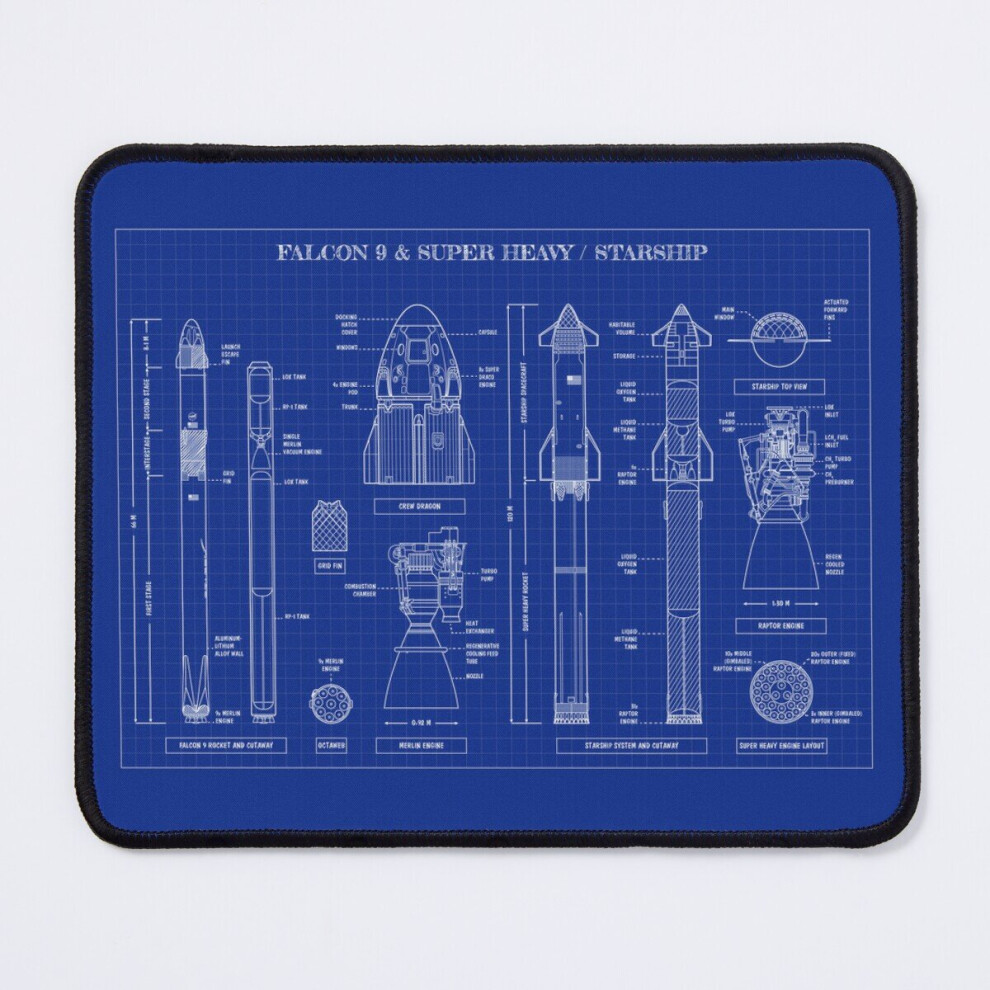 Mouse Pad Spacex: Falcon 9 Super Heavy / Starship (Blueprint) 11.8 X 9.8 Inch Computer Mat Gaming Office Mousepad 7802738115062