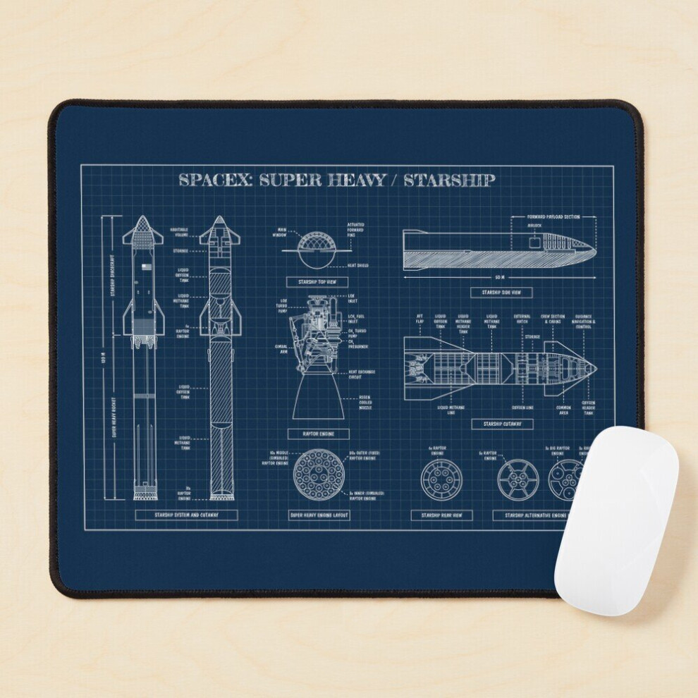 Mouse Pad Spacex: Super Heavy / Starship (Navy Blueprint) 11.8 X 9.8 Inch Computer Mat Gaming Office Mousepad 7802738130638