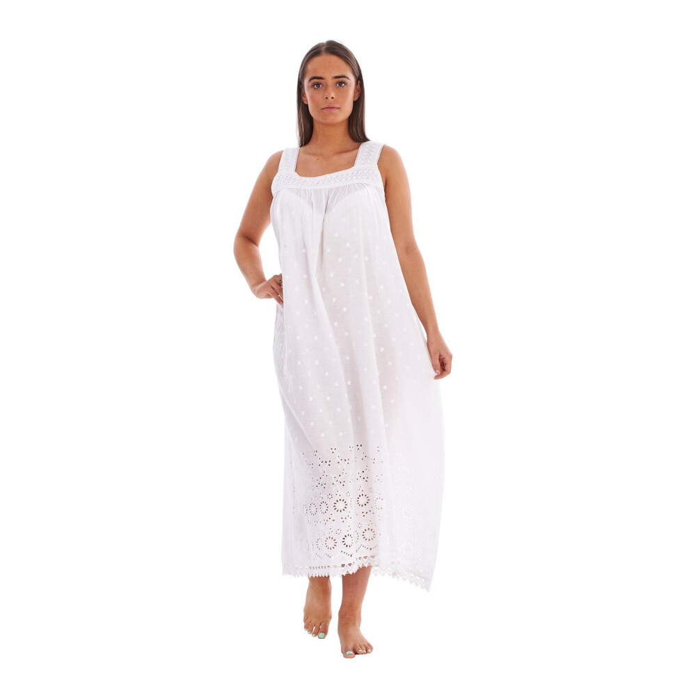 (White, L) Malay Women Nightdress 100%Cotton Victorian Designer White Sleeveless Lace Embroidered