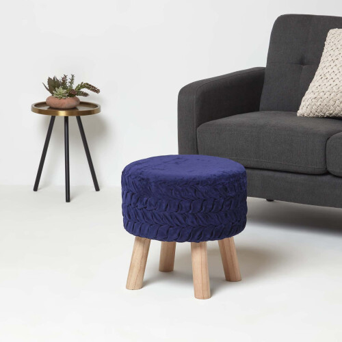 Homescapes (Blue) Lyla Pleated Velvet Footstool, 40 cm Tall 1