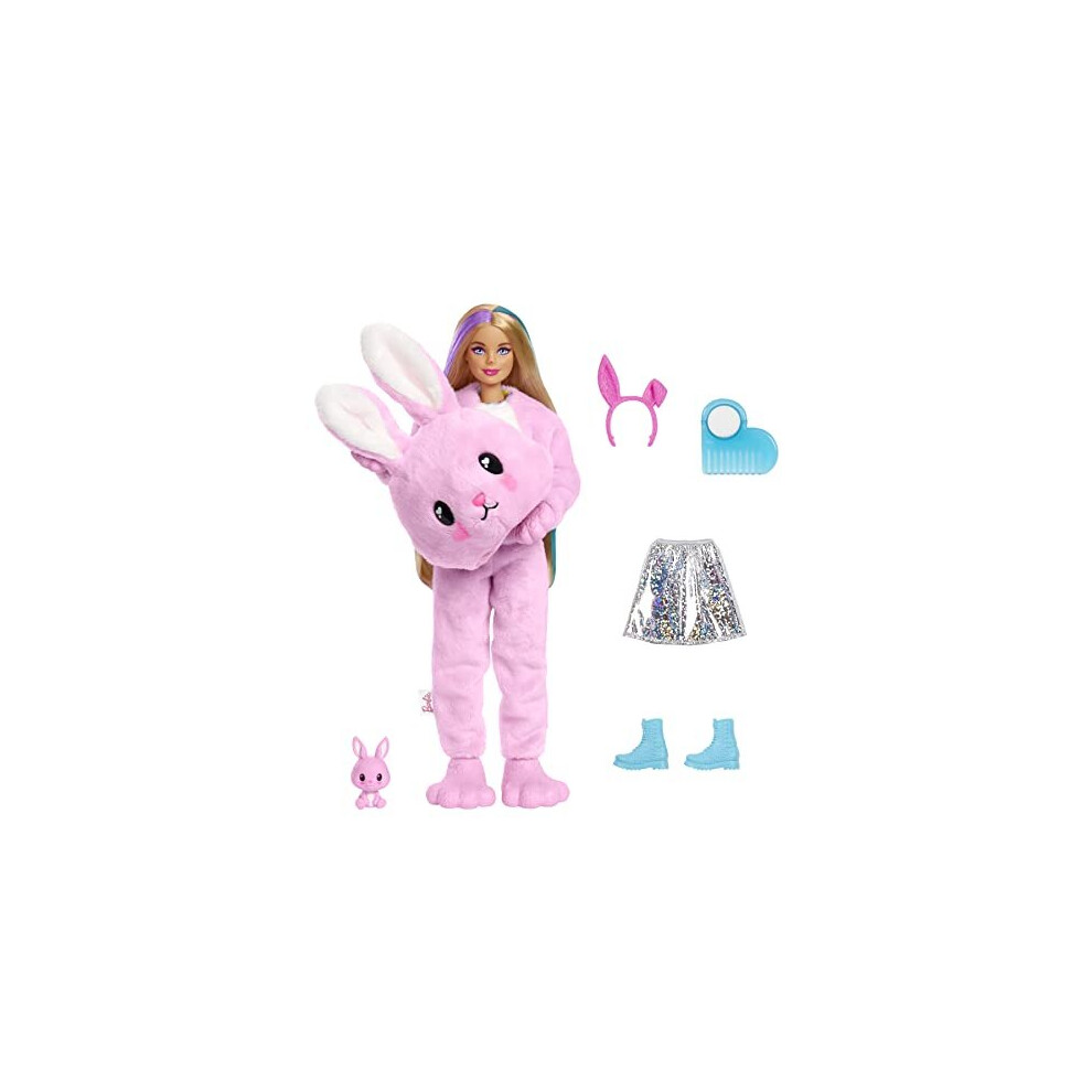 Barbie Doll, Cutie Reveal Bunny Plush Costume Doll with 10 Surprises, Mini Pet, Color Change and Accessories, HHG19