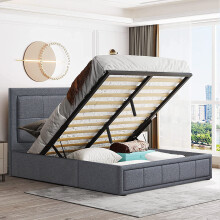 (Grey, 4ft Small Double) OTTOMAN STORAGE BED FRAME GAS LIFT LINEN FABRIC