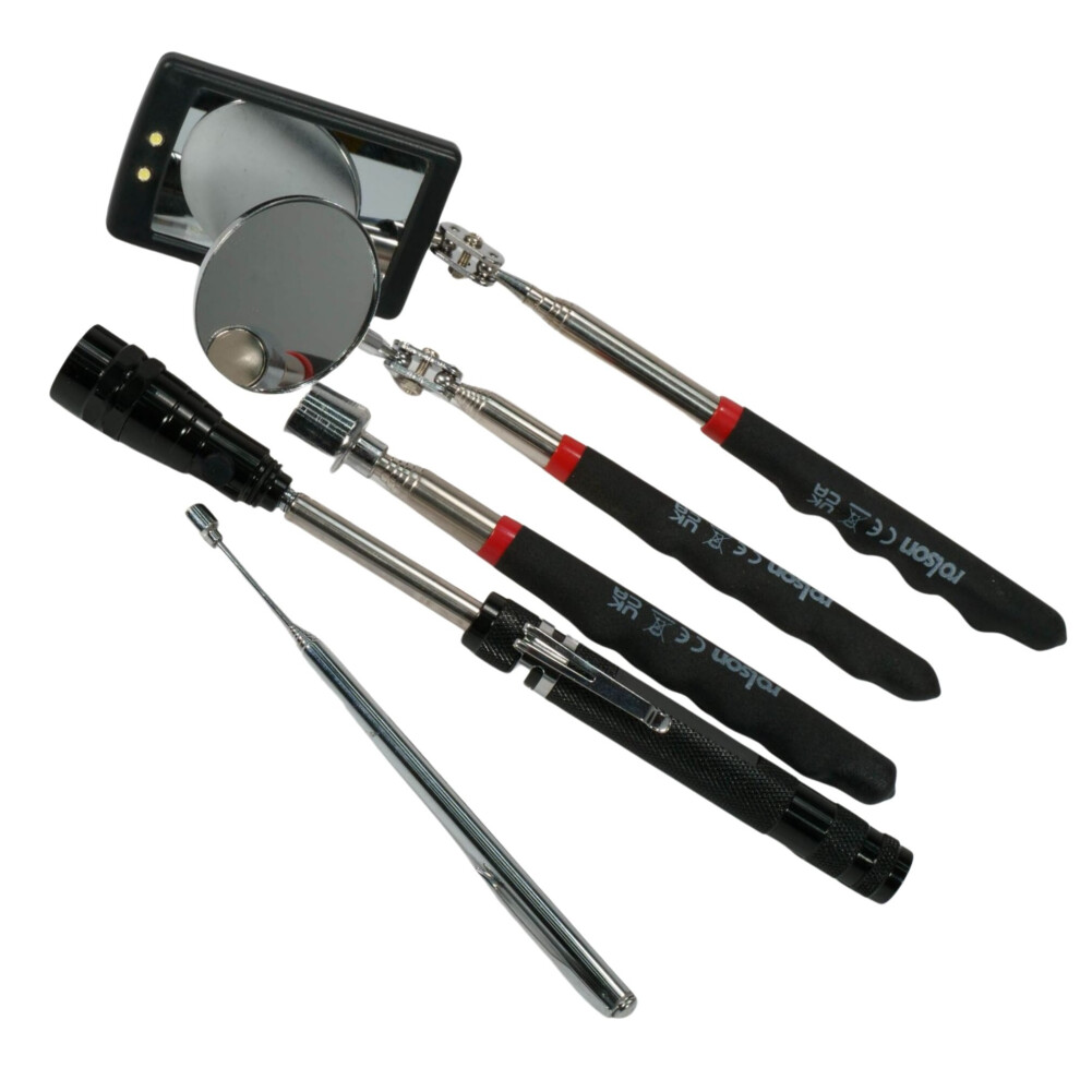 Rolson Inspection and Magnetic Pick Up Tools Set 5 Piece - inc 2 types of mirrors-lights and pickups 60375