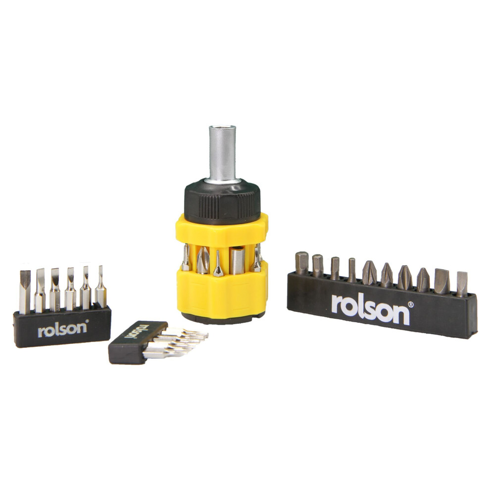 Rolson Stubby Ratchet Screwdriver:15 screwdriver and 18 precision bit set 28399