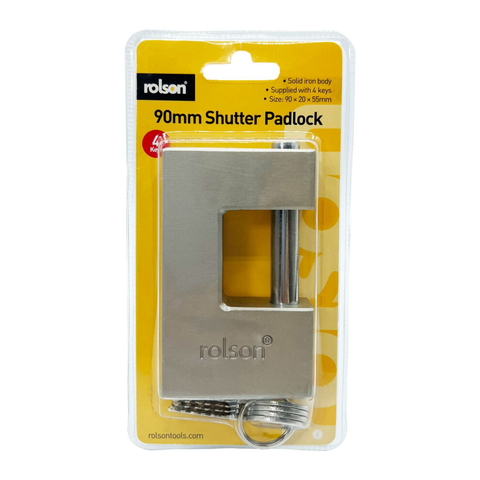 Rolson Shutter Padlock: Heavy Duty 90mm Solid Iron Bodied with 4 keys 66489