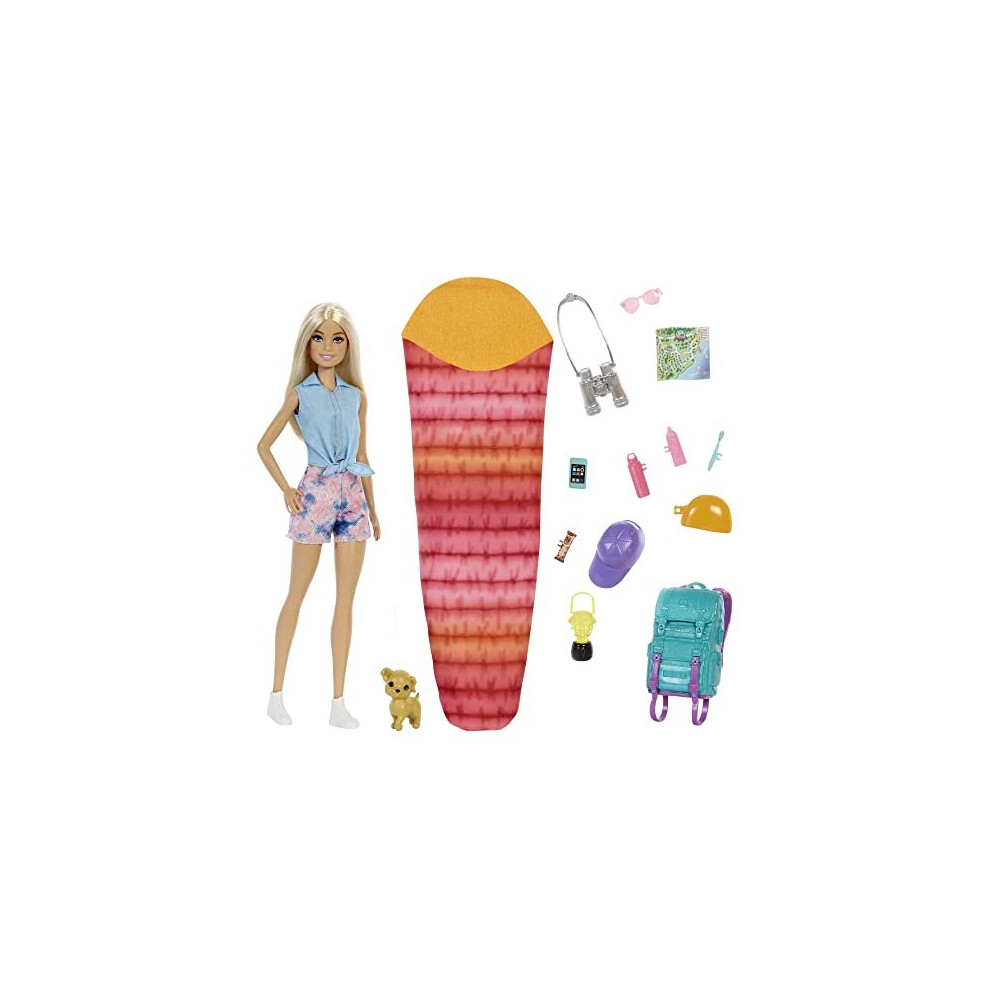 Barbie Doll and Accessories, It Takes Two âMalibuâ Camping Doll with Pet Puppy and 10+ Accessories, HDF73