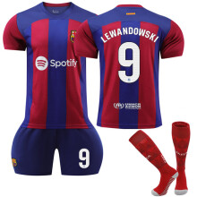(28(150-160CM)) 2023/24 Barcelona Home #9 Lewandowski Soccer Jersey Set