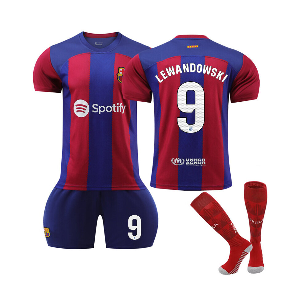 (26(140-150CM)) 2023/24 Barcelona Home #9 Lewandowski Soccer Jersey Set 