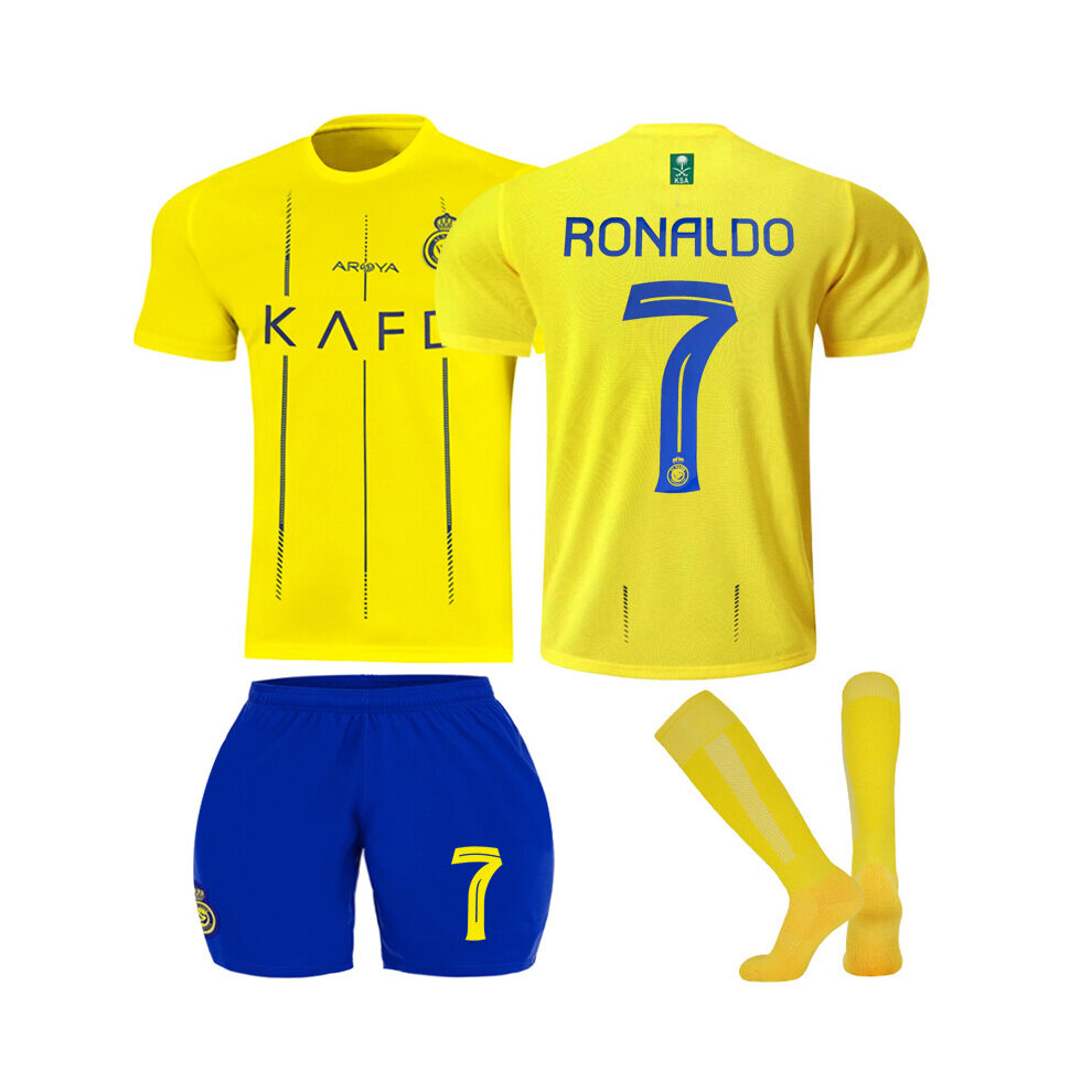 (26(140-150CM)) 2023/24 Al Nassr Riyadh Victory Home Jersey #7 Ronaldo Soccer Jersey Set