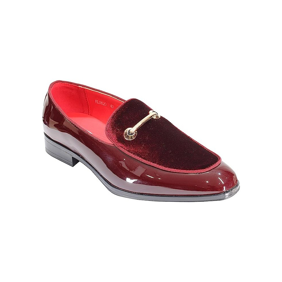 (44, Wine) Men's Patent Leather & Velvet Upper Party Loafer Gold Buckle Dress Wedding Shoes