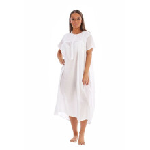 (XL) Malay Women Long Nightdress 100% Cotton Victorian Buttons Dot Embroidered Short Sleeve