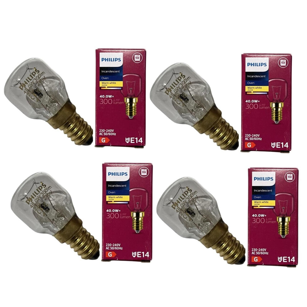 4 x PHILIPS Branded Oven 40w Lamp SES E14 Small Screw Cap 300 Cooker Light Bulb