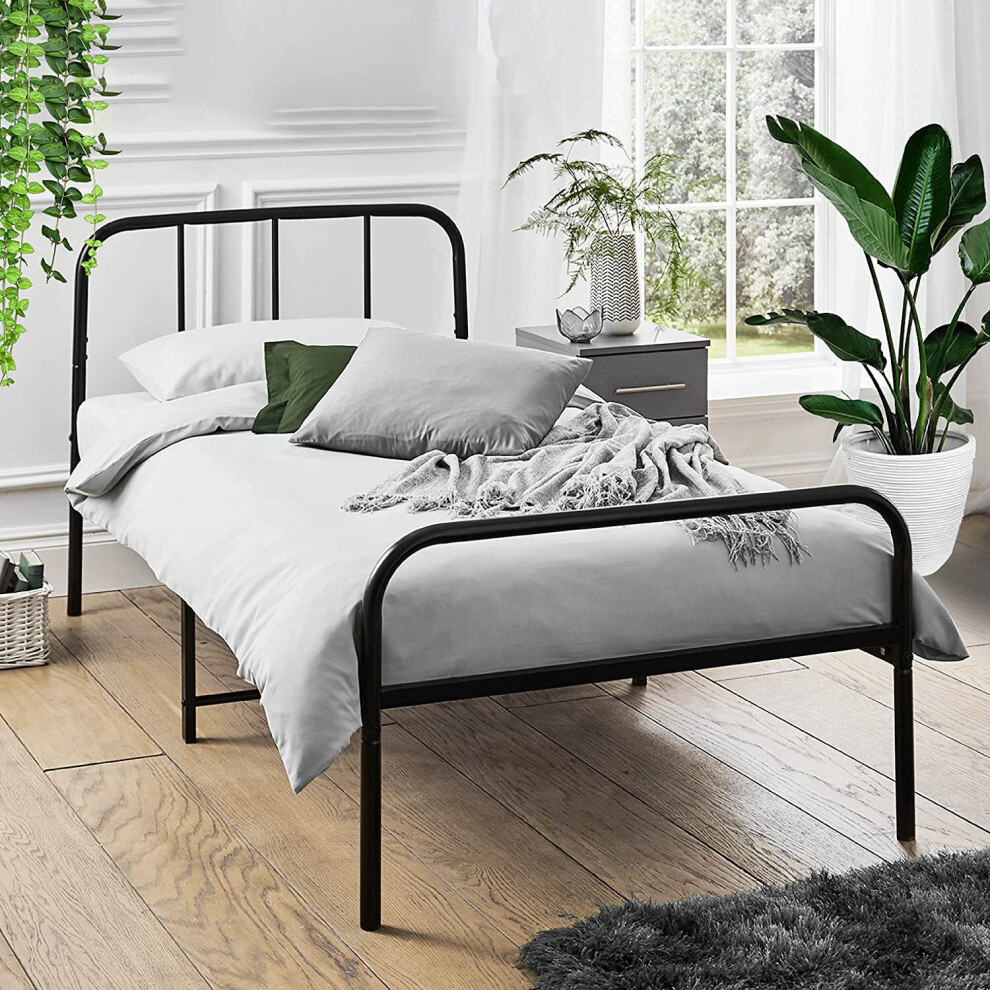 (Single, Black) Extra Strong Metal Bed Frame with Rounded Headboard