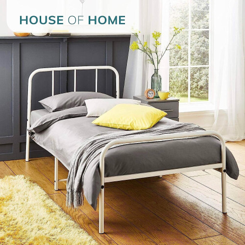 House of Home (Single, White) Extra Strong Metal Bed Frame with Rounded Headboard