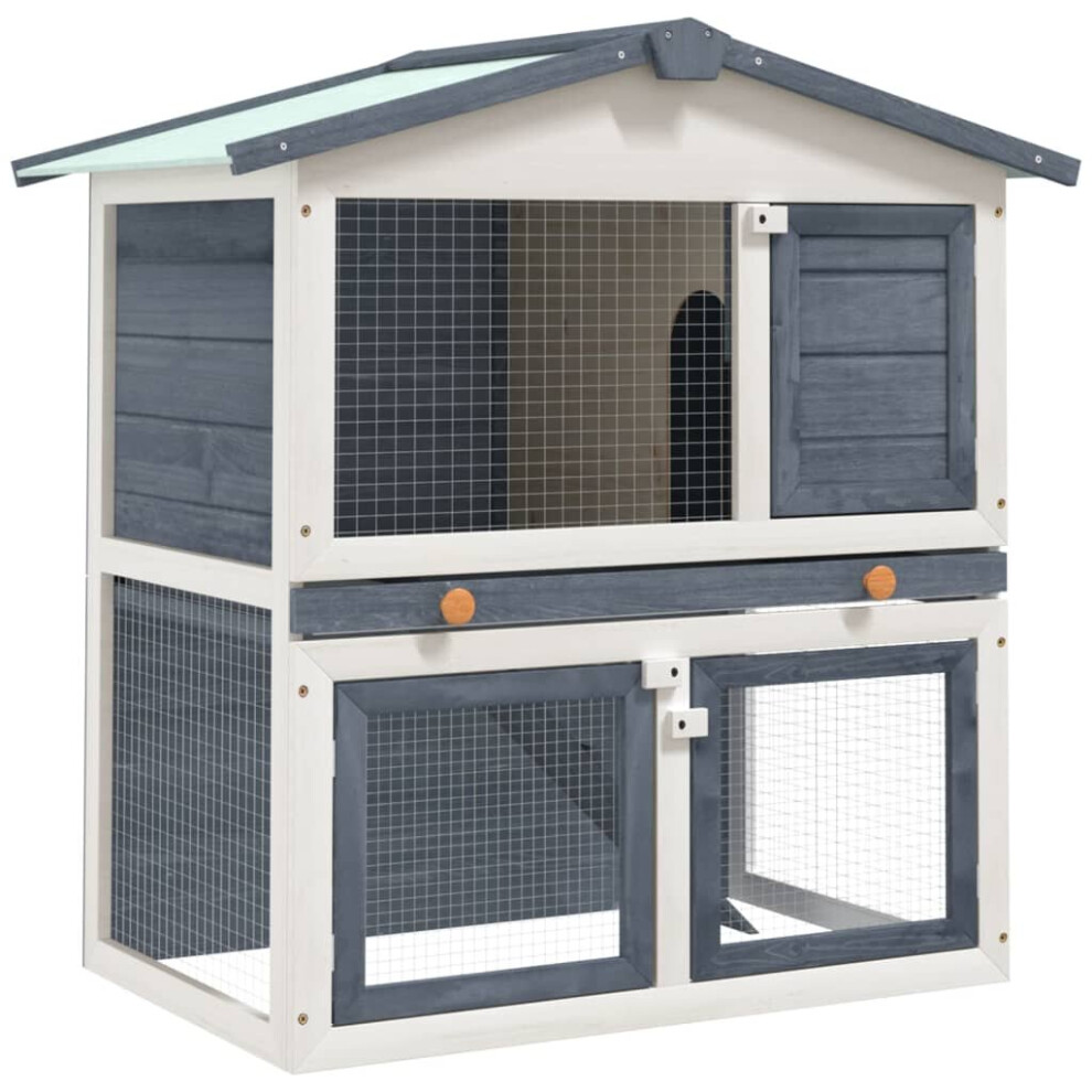 vidaXL Outdoor Rabbit Hutch 3 Doors Grey Wood Pet House Habitat Cage Carrier