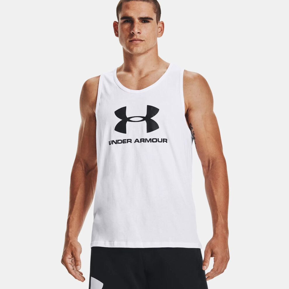 (1329589 UA Mens Vest White S) Under Armour Mens UA Vest Sportstyle Logo Tank Top