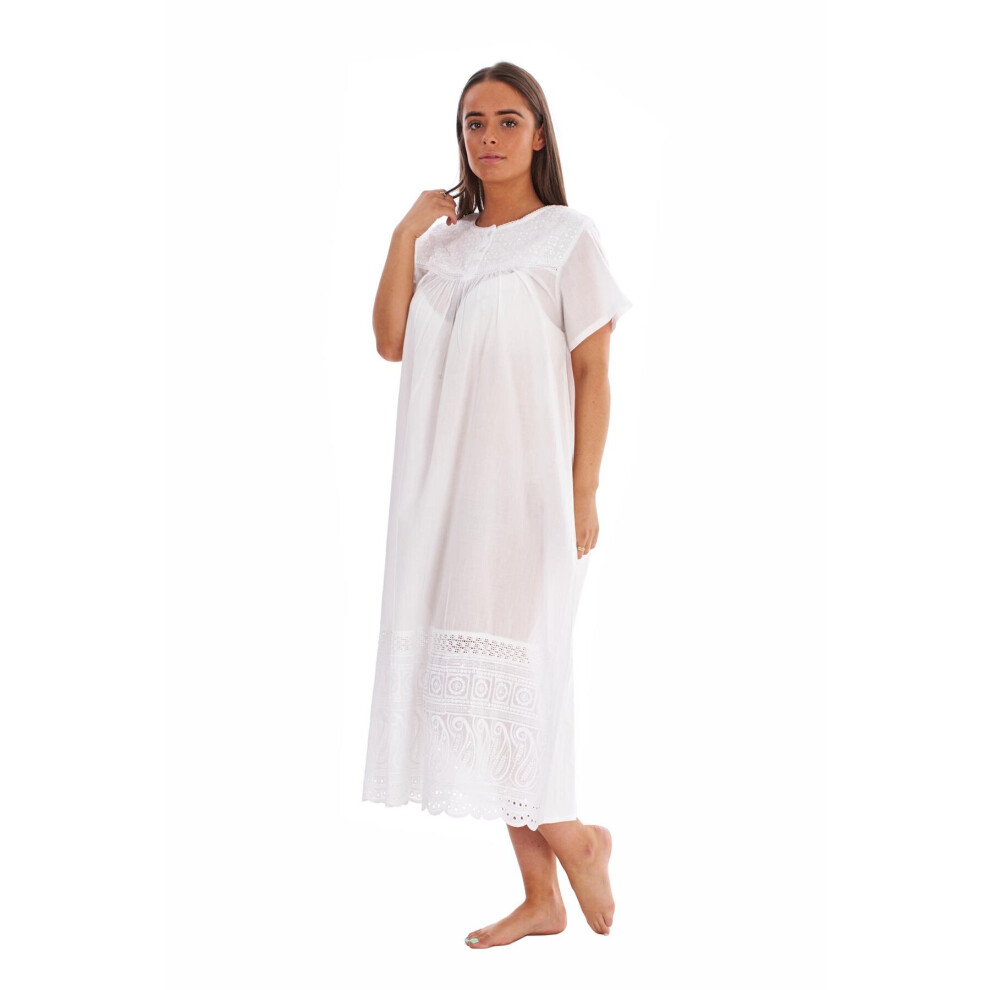 (M) Malay Ladies Nightdress 100% Cotton Victorian Design Buttons Embroidered Short Sleeve