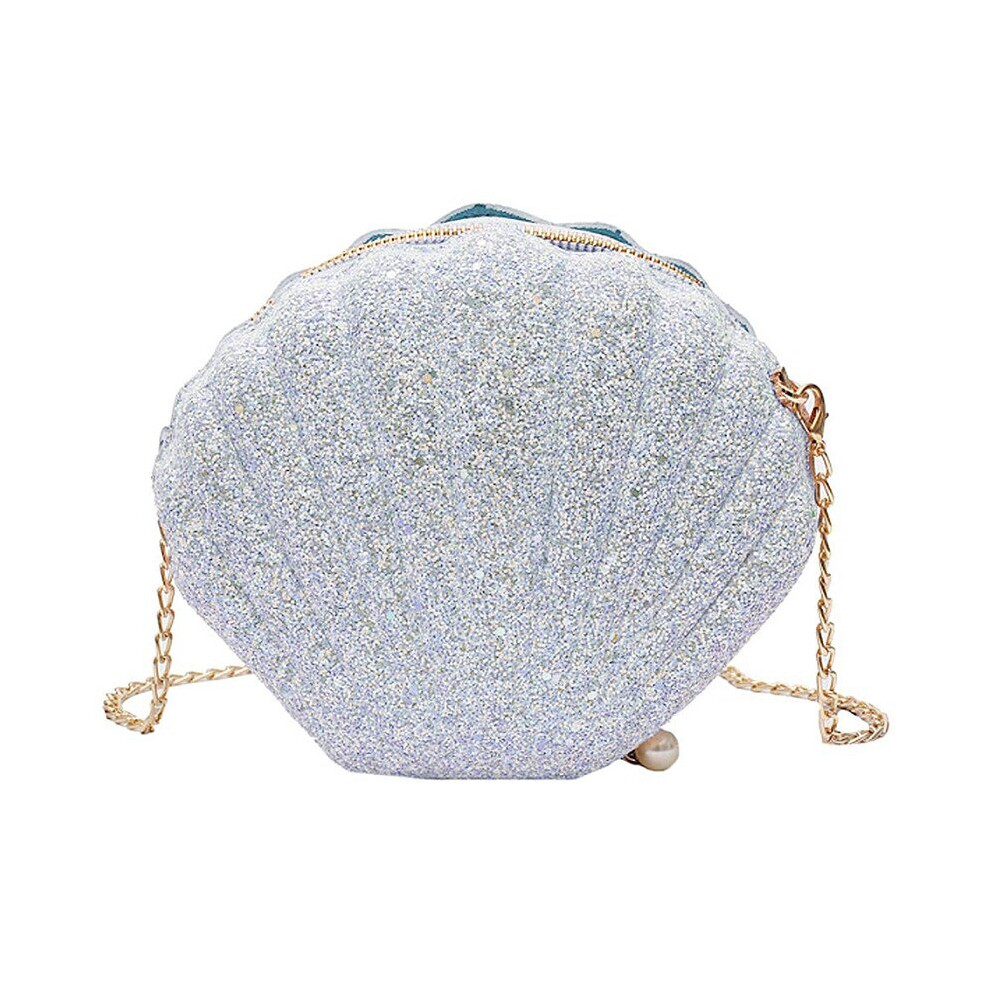 Women Girls Little Mermaid Seashell Purse -Body Shoulder Bags Glitter Sequins Chain Evening Purse, White