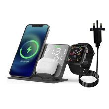 4-in-1 Wireless Charging Station with Digital Clock & Temperature Gauge - 15W Qi Charger for iPhone, AirPods & Apple Watch (Black)