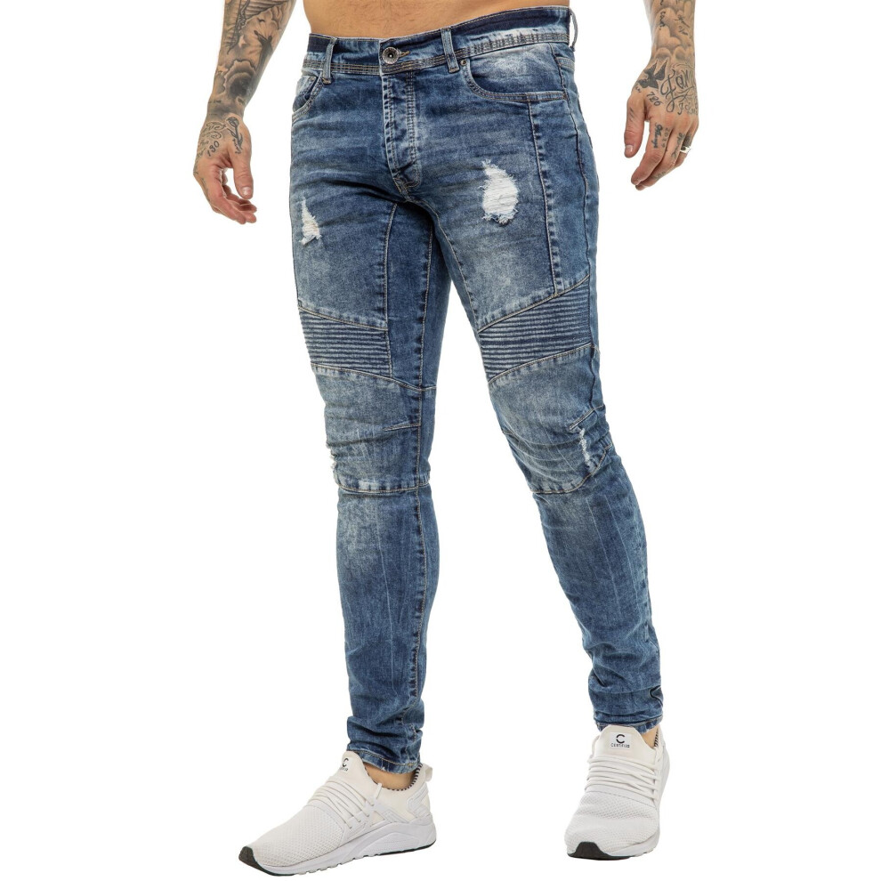 (38W/34L, Blue) Enzo Mens Super Slim Stretch Jeans