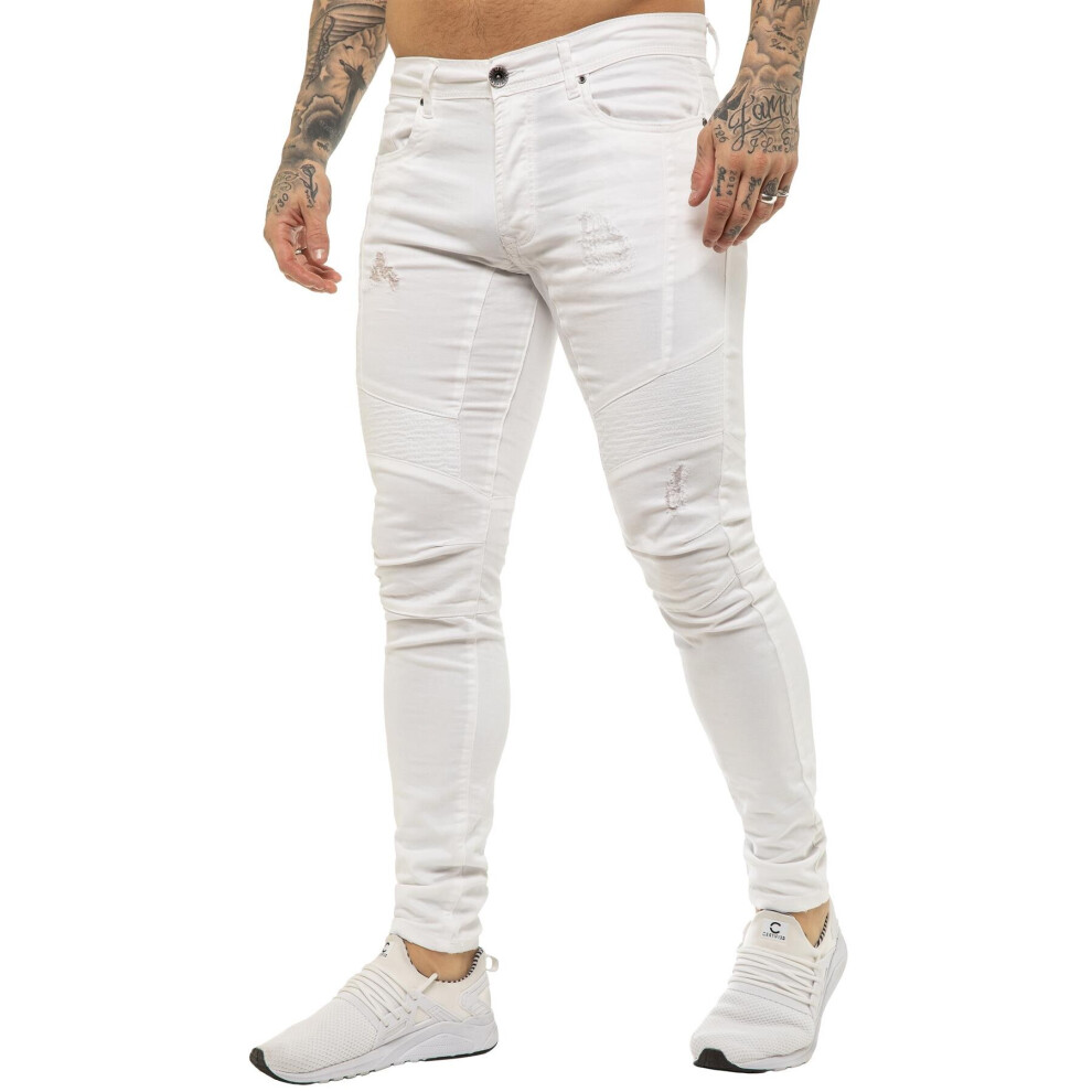 (34W/32L, White) Enzo Mens Super Slim Stretch Jeans