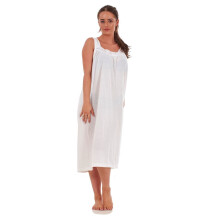 (Cream, M) Malay Ladies Nightwear V Neck Plain 100% Cotton Sleeveless Long Nightdress M to XXXL