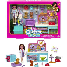 Barbie Chelsea Doll and Accessories, Pet Vet Playset with Doll, 4 Animals and 18 Pieces, HGT12