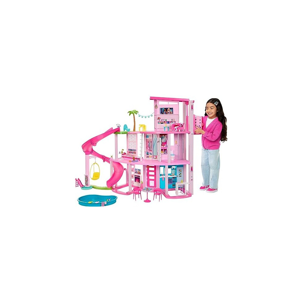 Barbie Dreamhouse, Pool Party Doll House with 75+ Pieces and 3-Story Slide, Barbie House Playset, Puppy Play Areas, HMX10