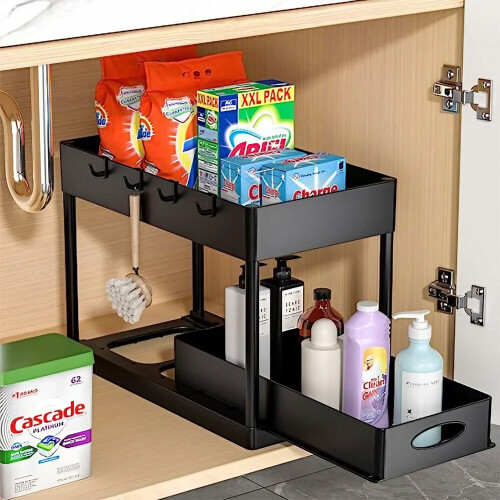Living And Home (Black) 2-Tier Sliding Under Sink Storage Rack