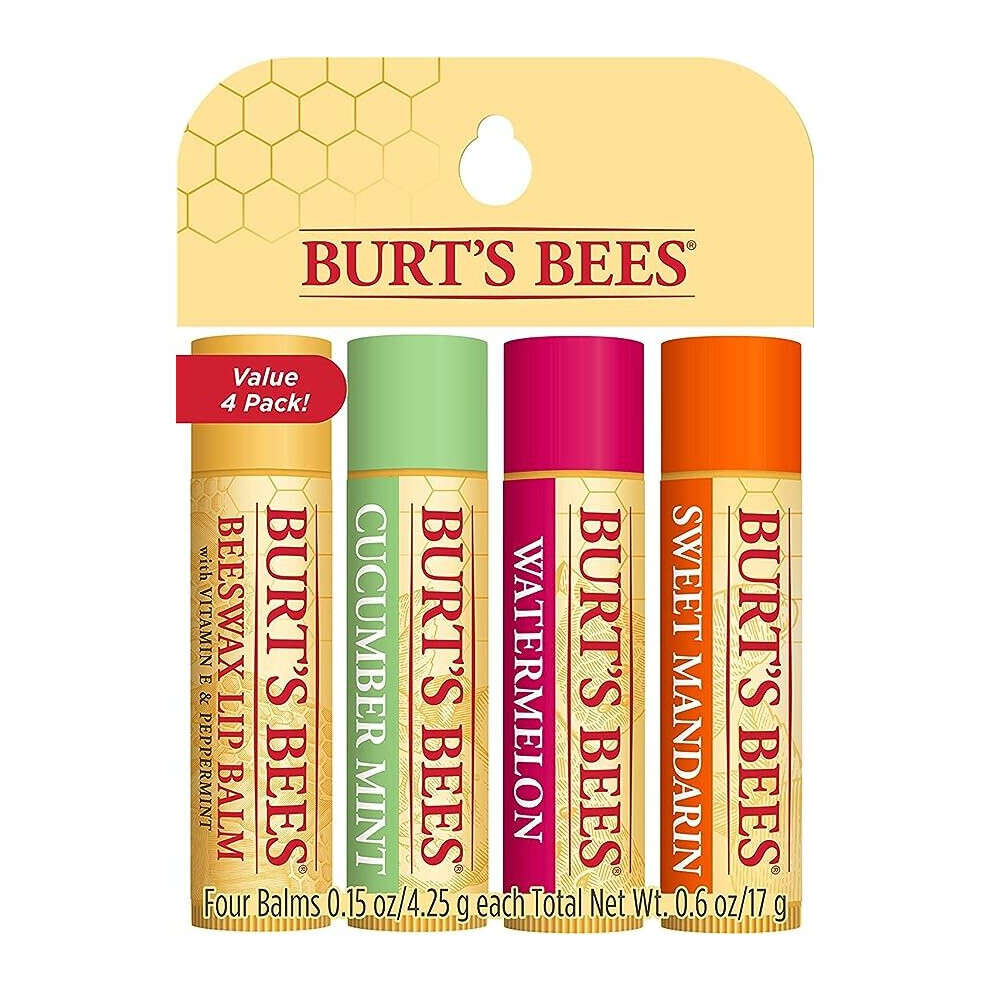 Burt's Bees Lip Balm Multipack, Lip Balm Set With Beeswax, Cucumber Mint, Watermelon, Sweet Mandarin, Freshly Picked, 4x4.25g